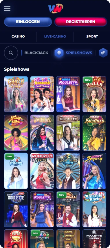 ViperWin Live Casino Spiele – Blackjack, Roulette, Monopoly und Spielshows auf dem Handy