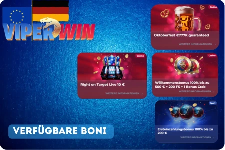 Verfügbare Boni im ViperWin Casino – Willkommensbonus bis 500 €, 200 Freispiele, Cashback Aktionen und saisonale Angebote für Spieler in Deutschland