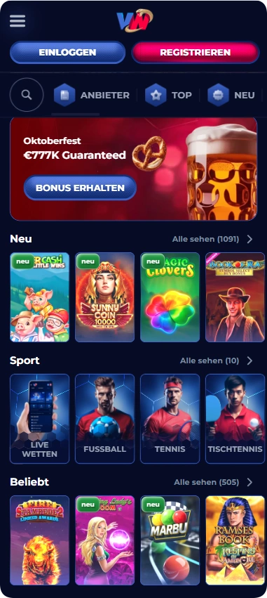 ViperWin Casino Lobby mit Slots, Sportwetten und neuen Aktionen für Spieler in Deutschland