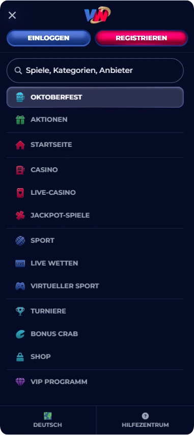 Mobile Navigation im ViperWin Online Casino – Kategorien für Slots, Live Spiele, Turniere und Sportwetten