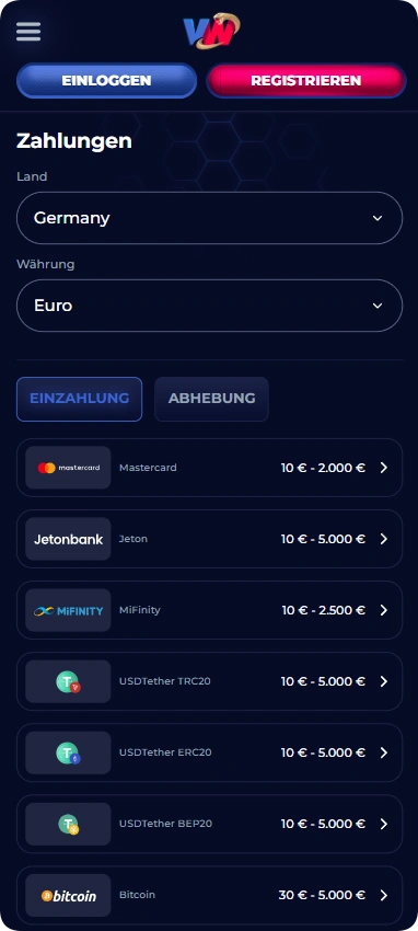 ViperWin Zahlungen – Einzahlung und Auszahlung mit Visa, Jeton, MiFinity, Krypto und Bitcoin