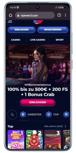 ViperWin Casino Startseite im mobilen Browser öffnen
