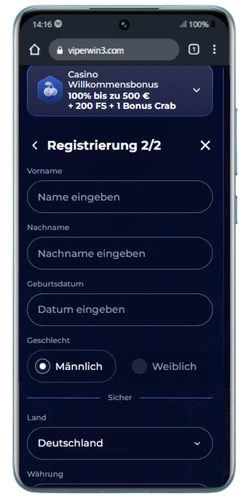 ViperWin Registrierung Schritt 2 persönliche Daten