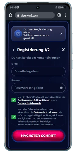 ViperWin Registrierung Schritt 1 E-Mail und Passwort