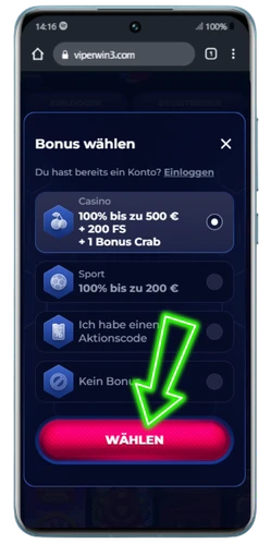 Bonusauswahl bei der ViperWin Registrierung