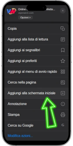 Selezionare Aggiungi alla schermata iniziale nel menu Safari su iPhone
