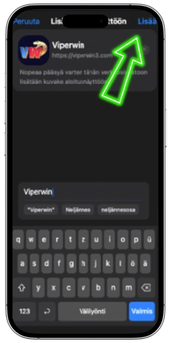 ViperWin-pikakuvakkeen nimen vahvistaminen iOS-aloitusnäytölle lisäämistä varten