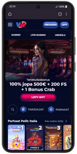ViperWin Casino -etusivu mobiiliselaimessa