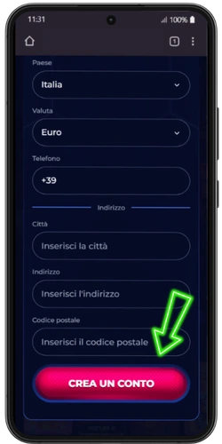 Pulsante Crea un conto nella registrazione ViperWin