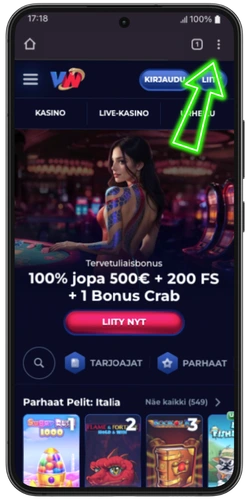 Chromen kolmen pisteen valikko Androidilla