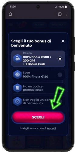 Scelta del bonus durante la registrazione ViperWin