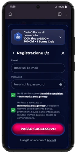 ViperWin registrazione step 1 e-mail e password
