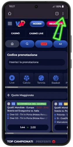 Toccare i tre punti accanto alla barra degli indirizzi in Chrome su Android