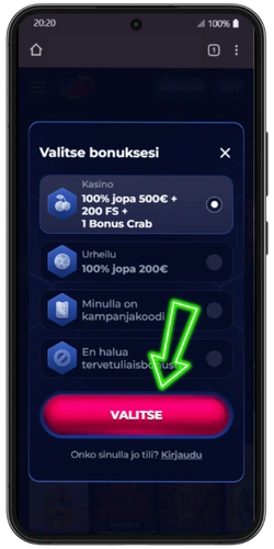 Bonusvalinta ViperWin-rekisteröinnissä